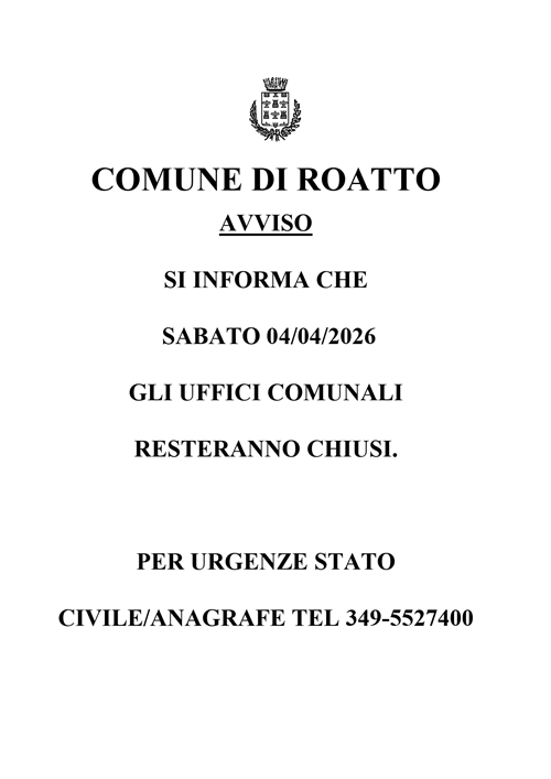 Chiusura uffici comunali Sabato 04.04.2026